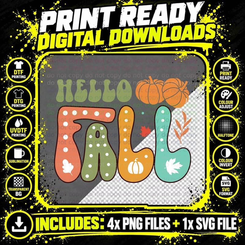 Hello Fall T-Shirt, Colorful Mixed Letters Pumpkins Png SVG Digital Bundle