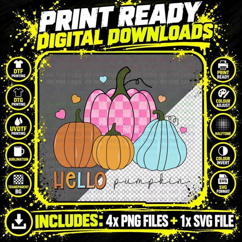Hello Fall T-Shirt, Colorful Pumpkins Hearts Png SVG Digital Bundle