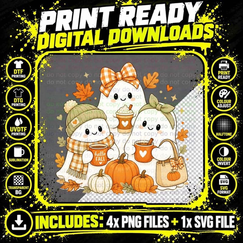 Hello Fall T-Shirt, Cute Ghosts Pumpkins Drinks Autumn Png SVG Digital Bundle