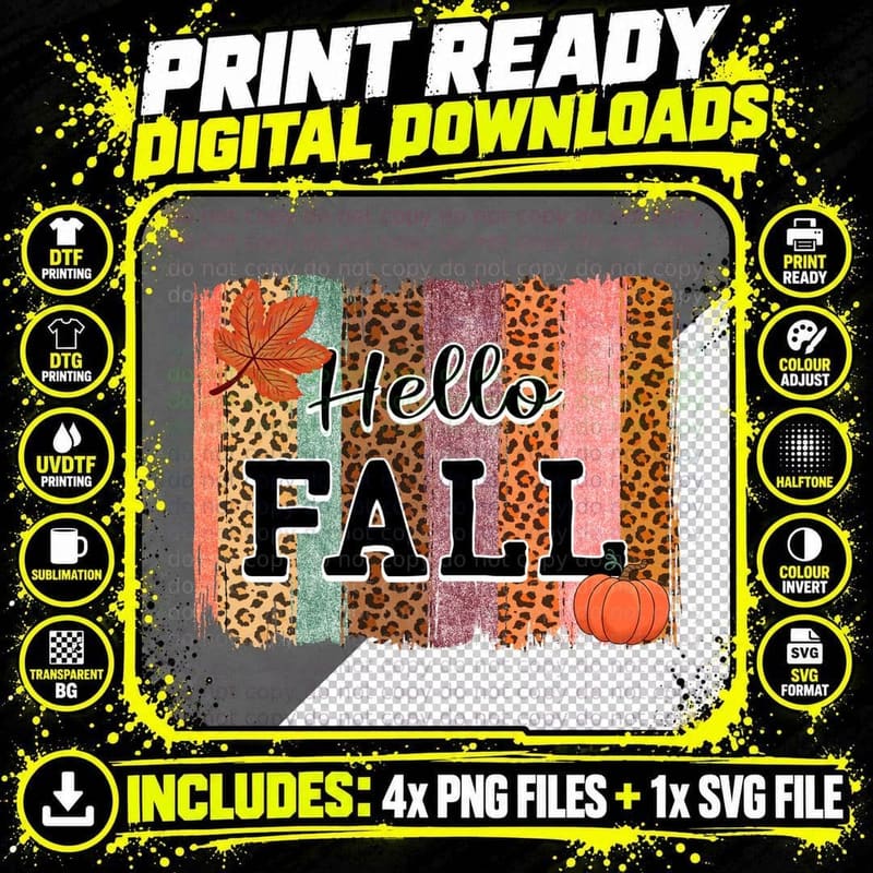 Hello Fall T-Shirt, Hello Fall Leopard Stripes Autumn Tee Png SVG Digital Bundle