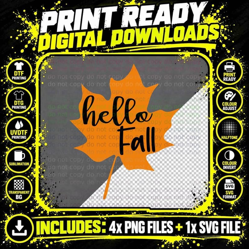 Hello Fall T-Shirt, Large Orange Maple Leaf Autumn Tee Png SVG Digital Bundle