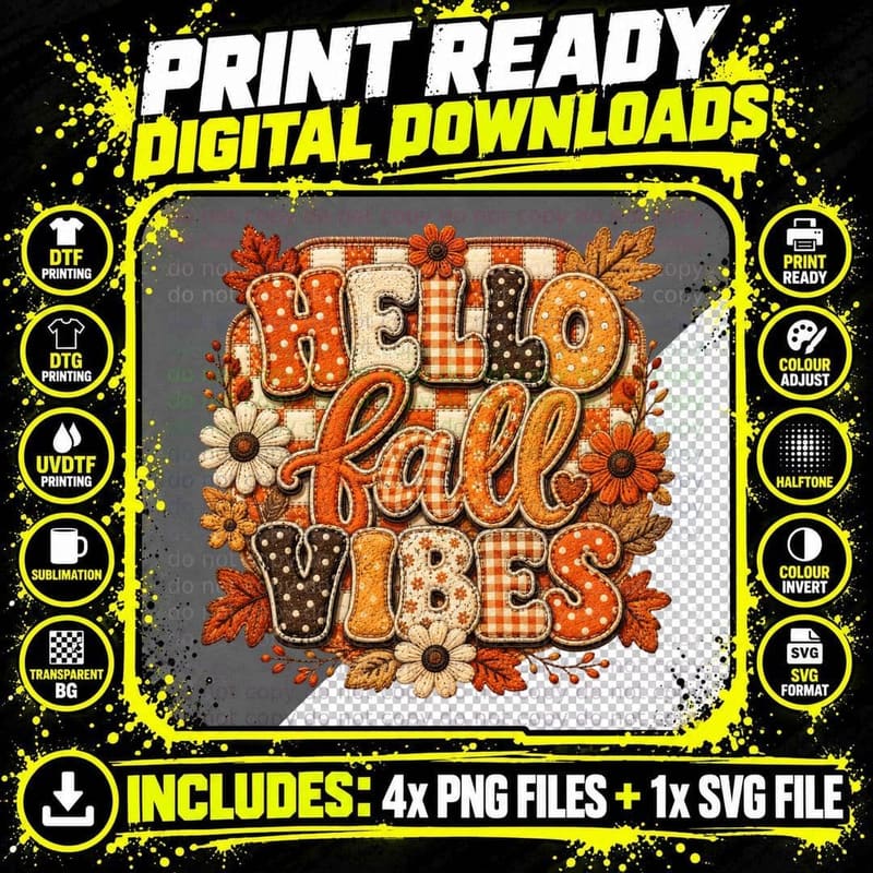 Hello Fall Vibes Fall T-Shirt, Patchwork Textured Fall Png SVG Digital Bundle