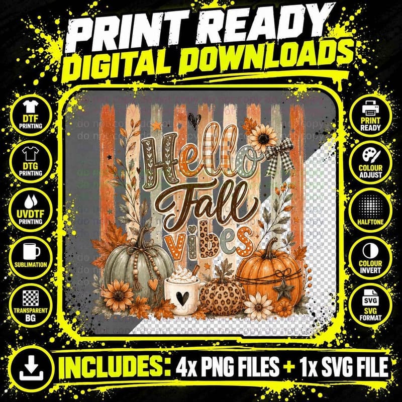 Hello Fall Vibes Fall T-Shirt, Striped Wood Autumn Png SVG Digital Bundle