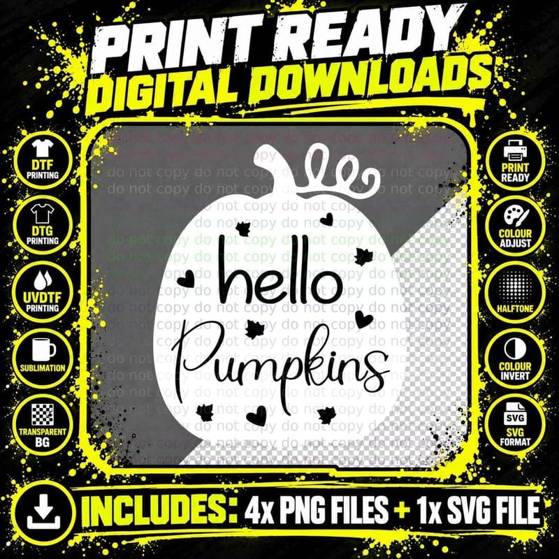 Hello Pumpkins Fall T-Shirt, Text with Autumn Leaves Png SVG Digital Bundle