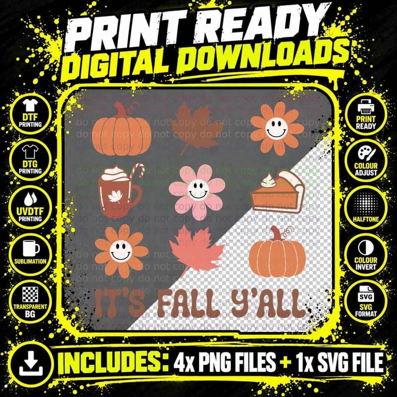 It's Fall 9'all Fall T-Shirt, Autumn Icons Grid Layout Png SVG Digital Bundle