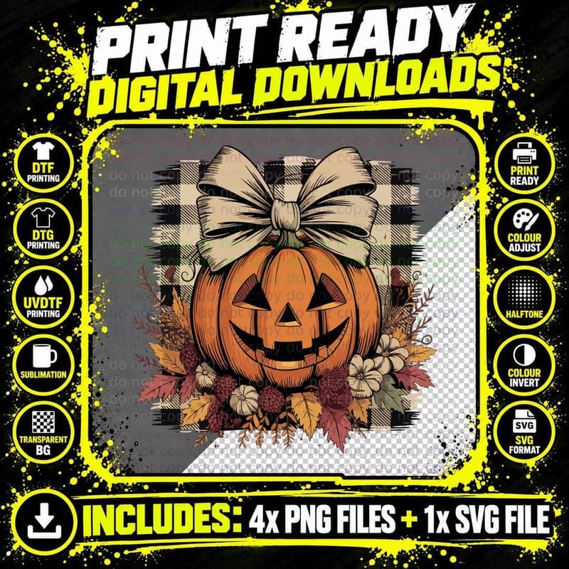 Jack-O-Lantern Checkered Bow Fall Design T-Shirt Png SVG Digital Bundle