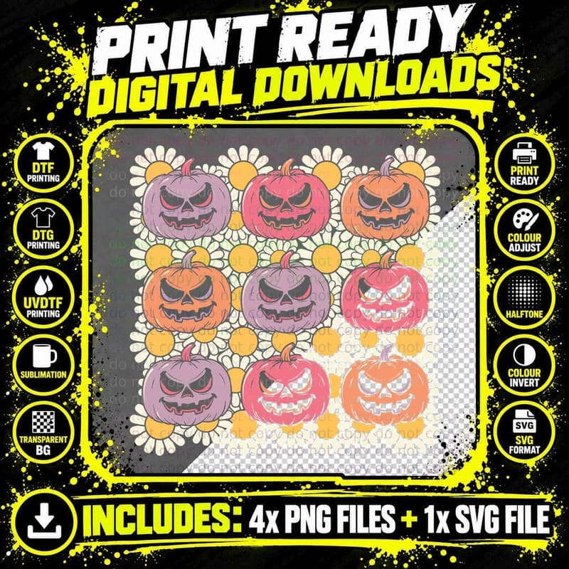 Jack-O-Lantern Faces Grid Fall T-Shirt Png SVG Digital Bundle