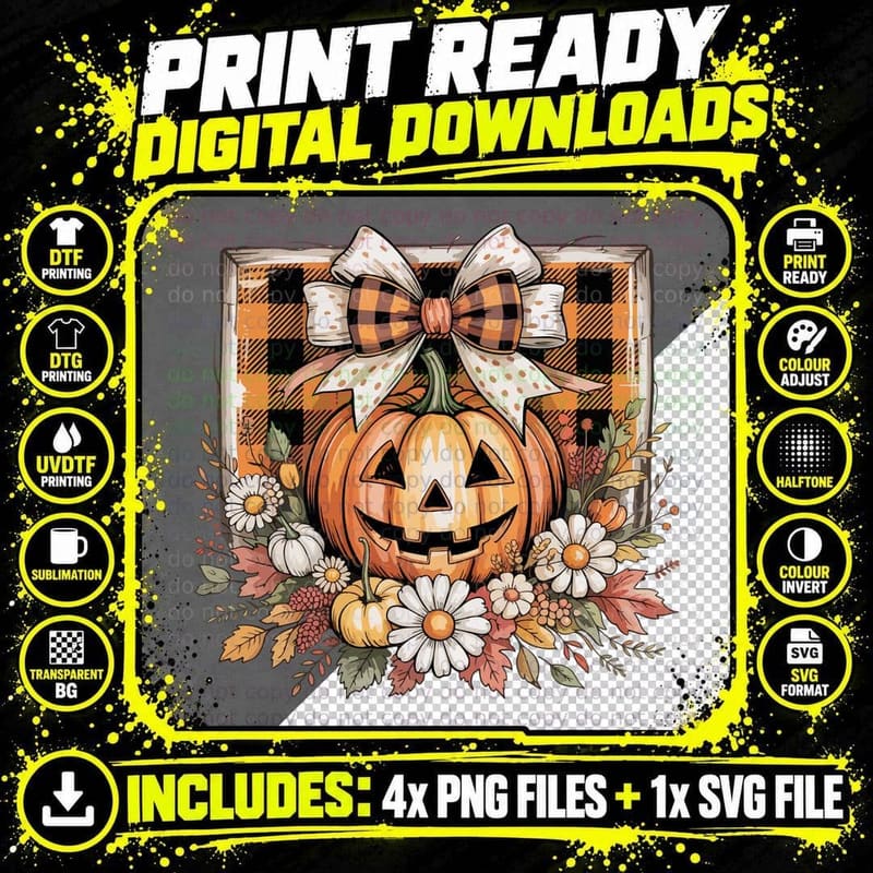 Jack-O-Lantern Flowers Checkered Fall T-Shirt Png SVG Digital Bundle