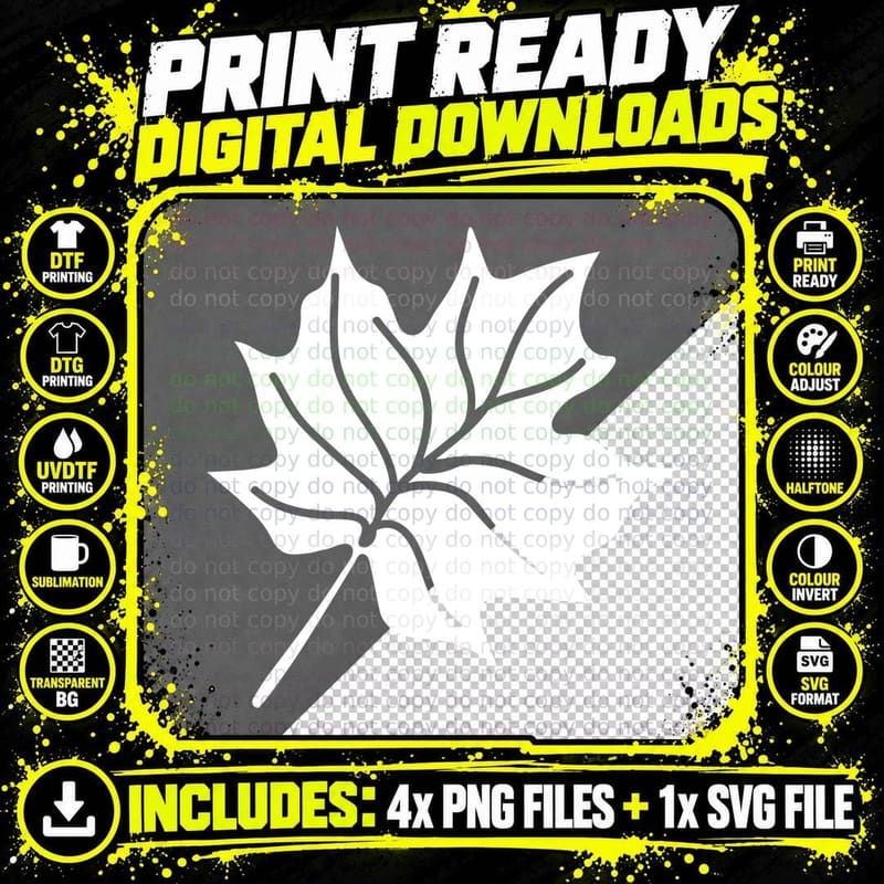 Maple Leaf Solid Black Silhouette Fall T-Shirt Png SVG Digital Bundle