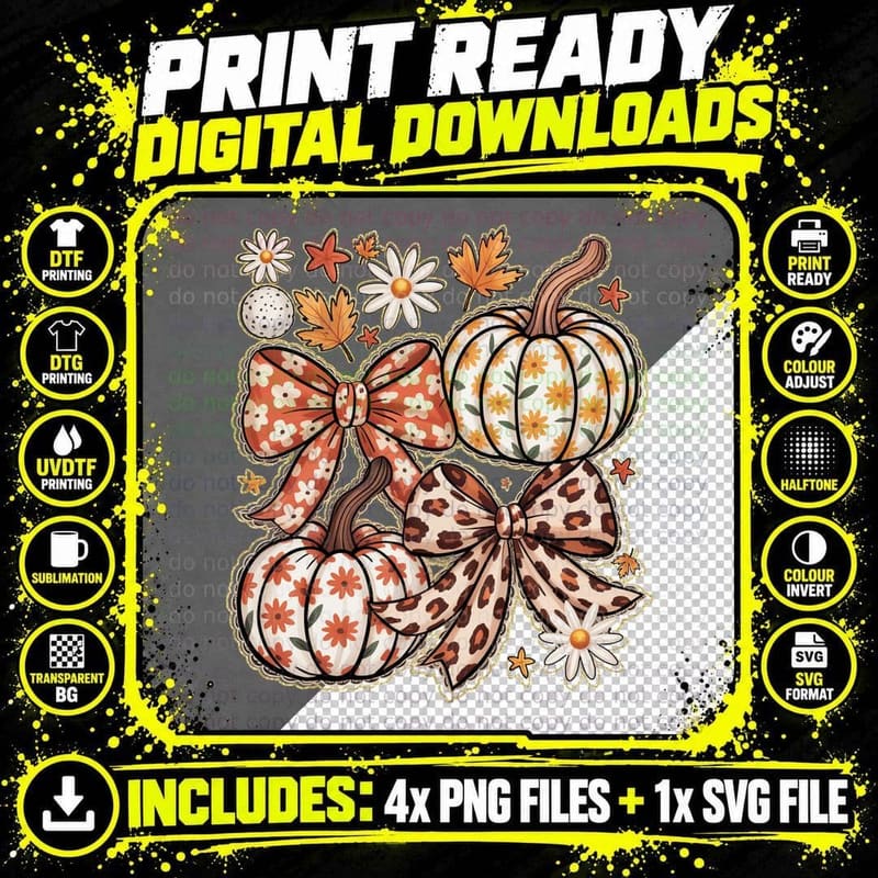 Ornate Bows Pumpkins Flowers Fall T-Shirt Png SVG Digital Bundle