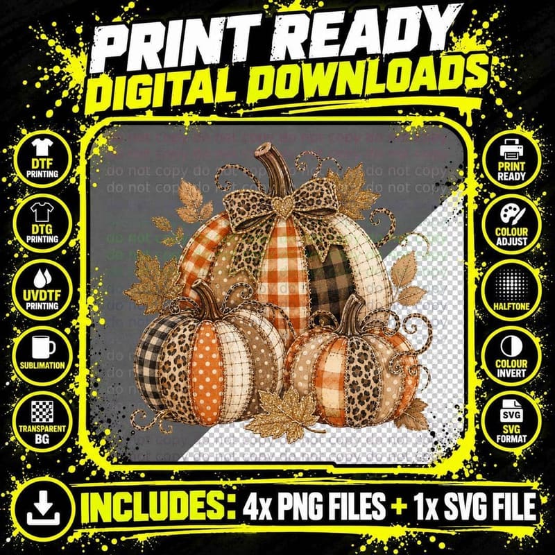 Patterned Pumpkins Leopard Bow Fall Design T-Shirt Png SVG Digital Bundle