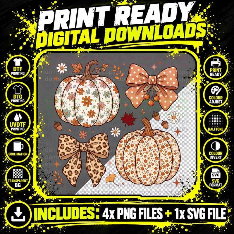 Patterned Pumpkins Leopard Bow Fall T-Shirt Png SVG Digital Bundle