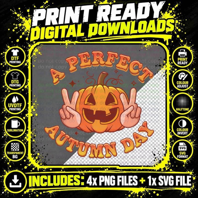 Perfect Autumn Day Fall T-Shirt, Jack-O-Lantern Peace Png SVG Digital Bundle
