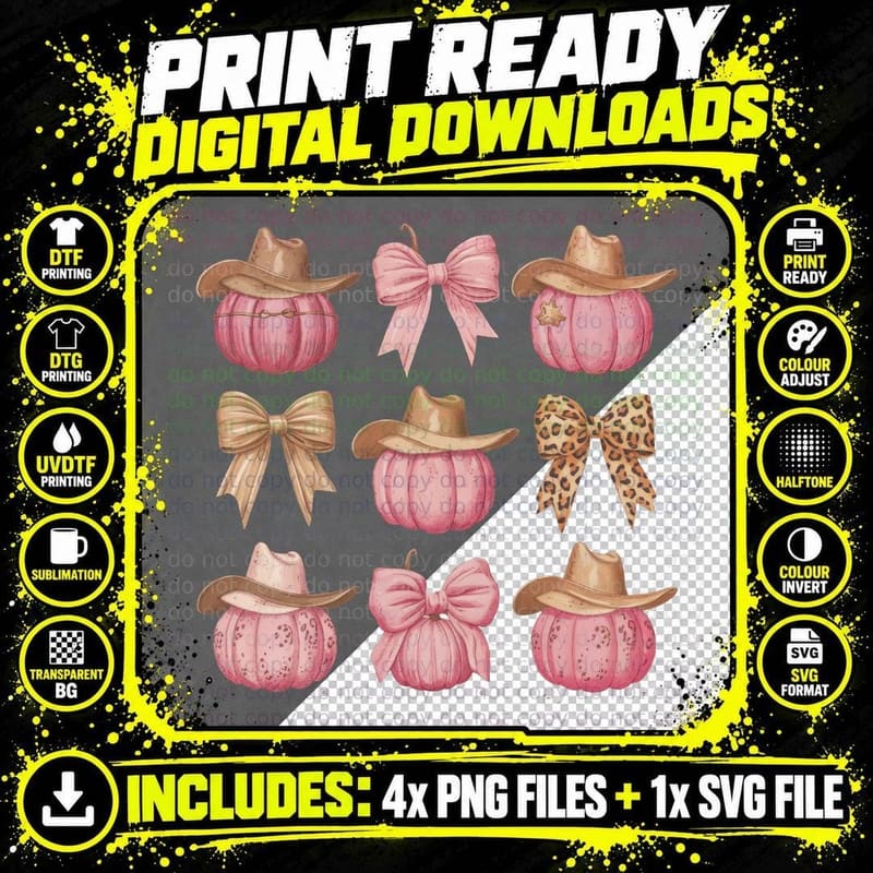 Pink Pumpkins Hats Bows Arrangement Fall T-Shirt Png SVG Digital Bundle