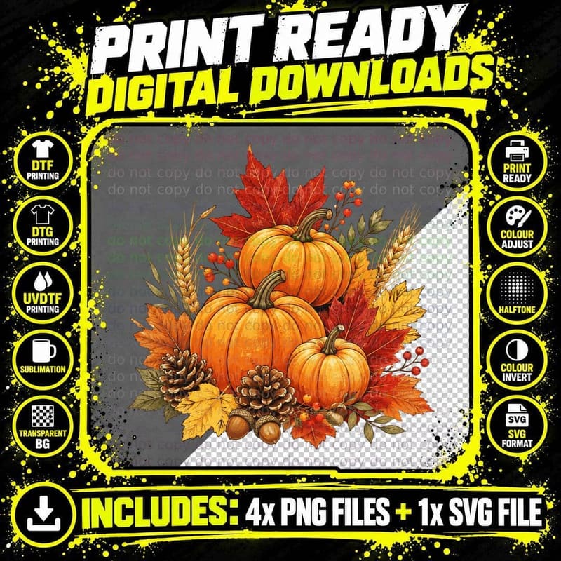 Pumpkins Autumn Leaves Harvest Fall T-Shirt Png SVG Digital Bundle