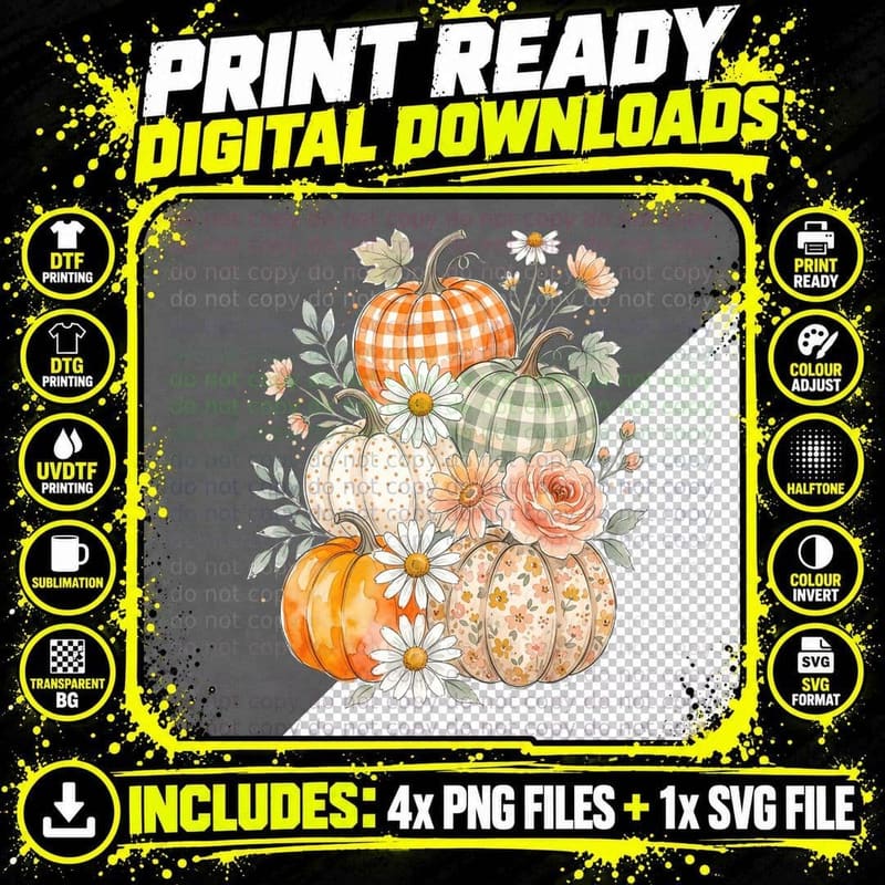 Pumpkins Plaid Pattern Daisies Fall T-Shirt Png SVG Digital Bundle
