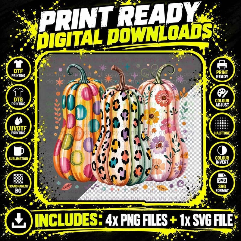 Rainbow Patterned Pumpkins Polka Dots Fall T-Shirt Png SVG Digital Bundle