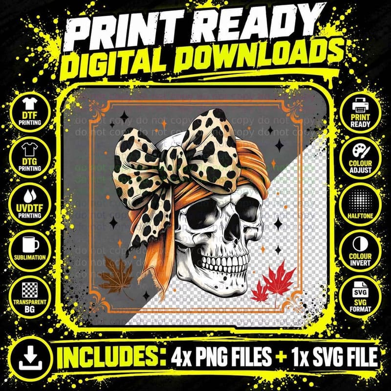 Skull Leopard Bow Fall Leaves Fall T-Shirt Png SVG Digital Bundle