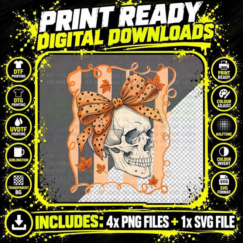 Skull Plaid Bow Autumn Fall T-Shirt Png SVG Digital Bundle