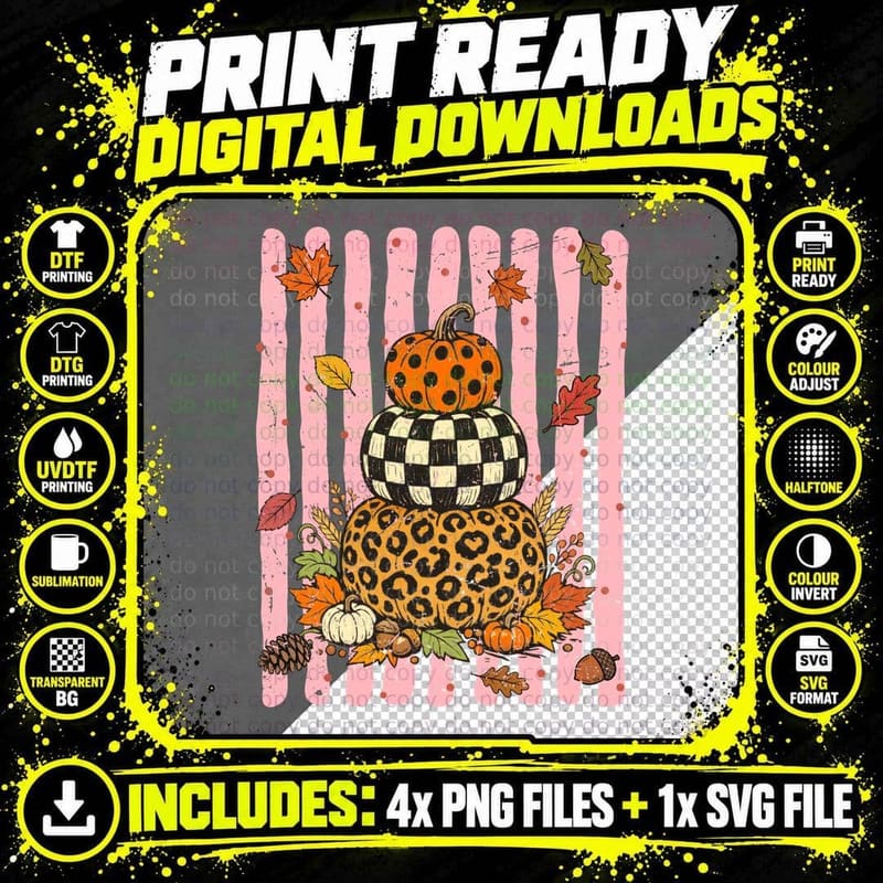 Stacked Patterned Pumpkins Striped Pink Fall T-Shirt Png SVG Digital Bundle