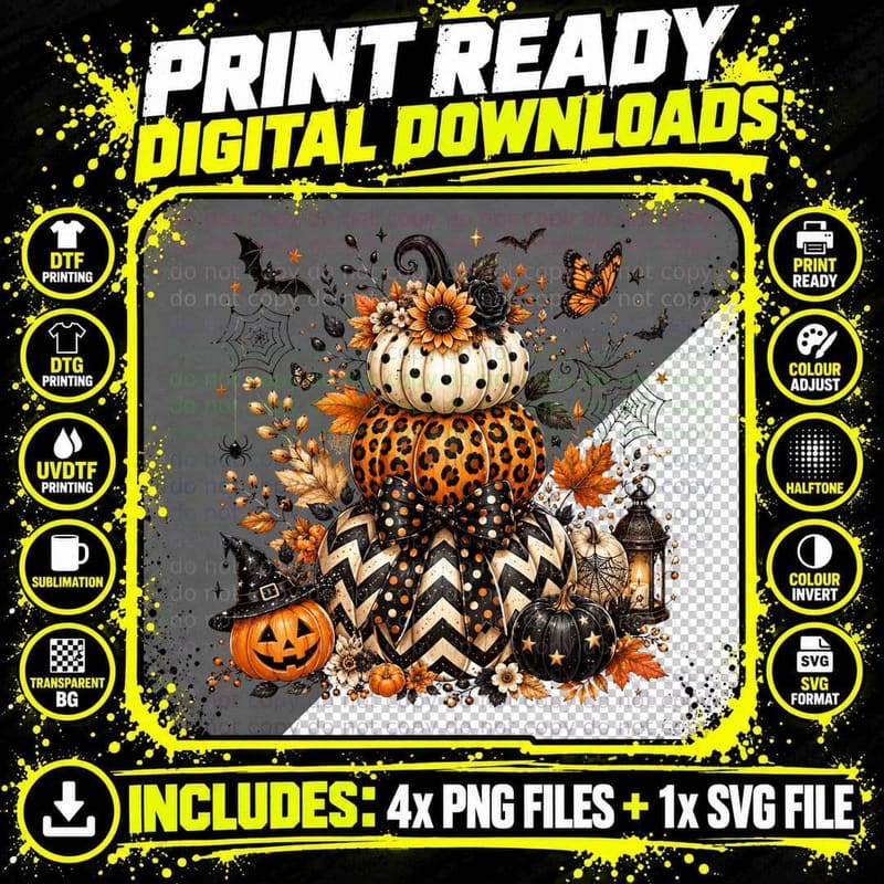 Stacked Patterned Pumpkins with Flowers Fall T-Shirt Png SVG Digital Bundle