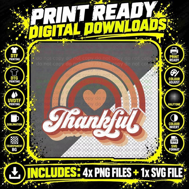 Thankful Fall T-Shirt, Thankful Rainbow Heart Autumn Tee Png SVG Digital Bundle