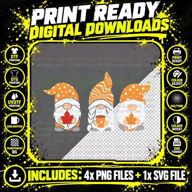 Three Gnomes with Fall Leaves Fall T-Shirt Png SVG Digital Bundle