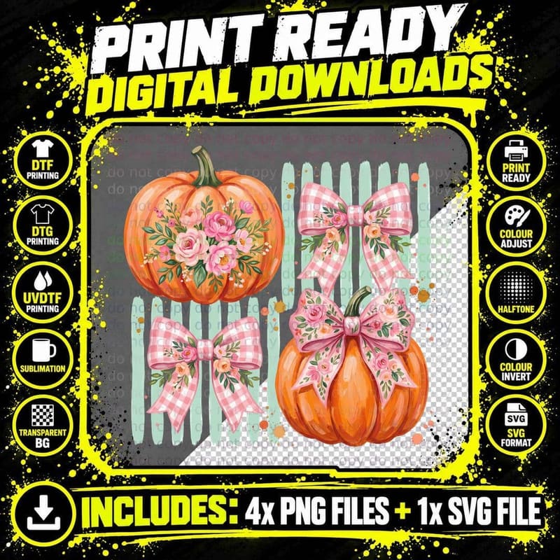 Two Pumpkins Pink Bows Florals Fall T-Shirt Png SVG Digital Bundle
