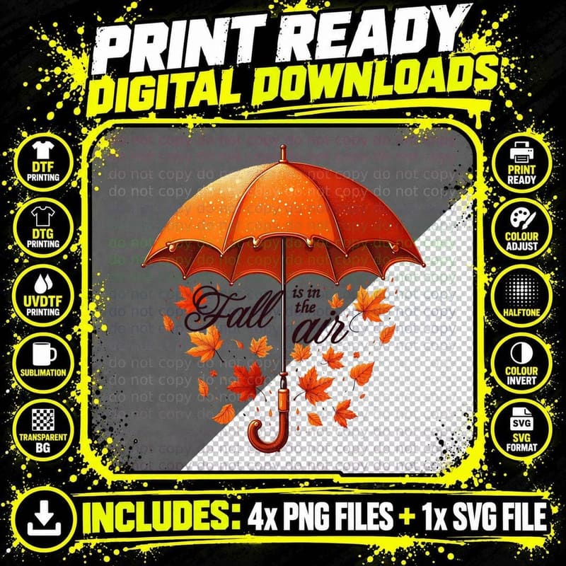 Umbrella Falling Leaves Autumn Scene Fall T-Shirt Png SVG Digital Bundle