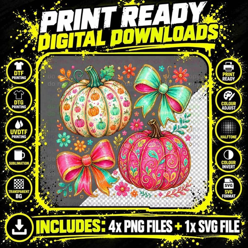 Vibrant Ornate Pumpkins Gold Fall T-Shirt Png SVG Digital Bundle