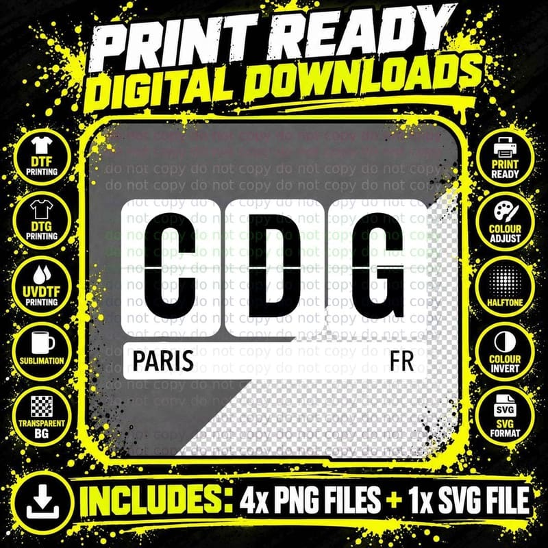 CDG Paris France Travel Souvenir Airport Code Black Png SVG Digital Bundle