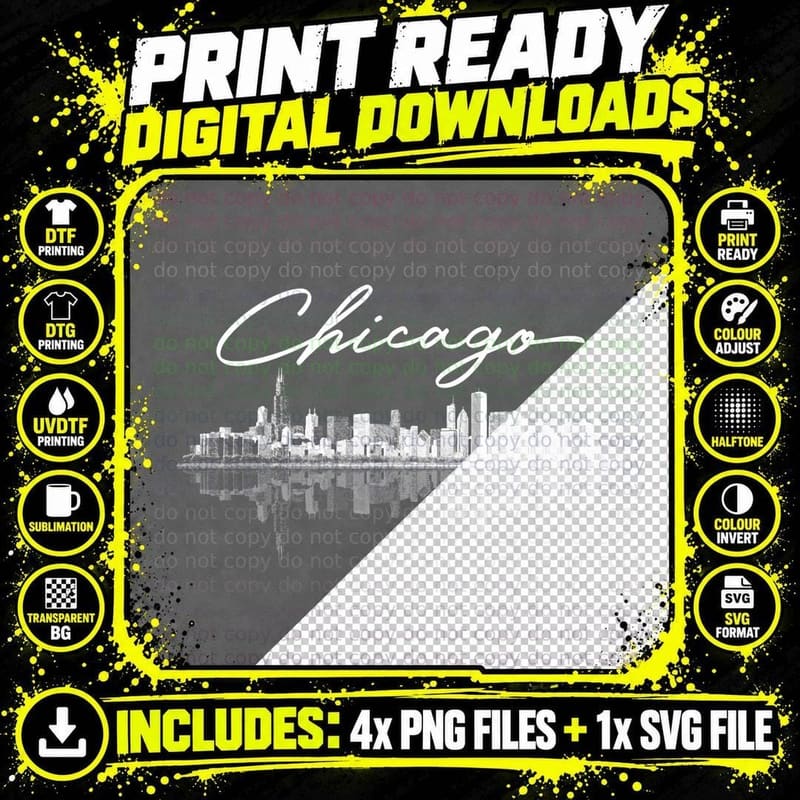 Chicago Skyline for Women & Men, Cityscape, Urban Style Png SVG Digital Bundle