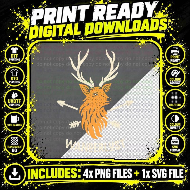 Deer Wanderlust Orange Head Antlers Inspirational Text Png SVG Digital Bundle
