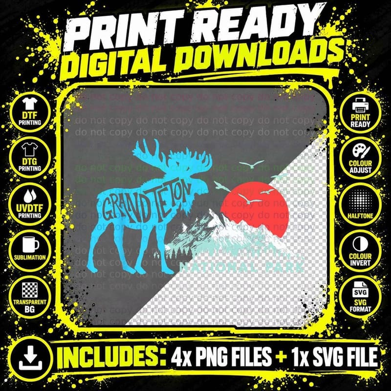 Grand Teton National Park Moose & Mountains Typography Png SVG Digital Bundle