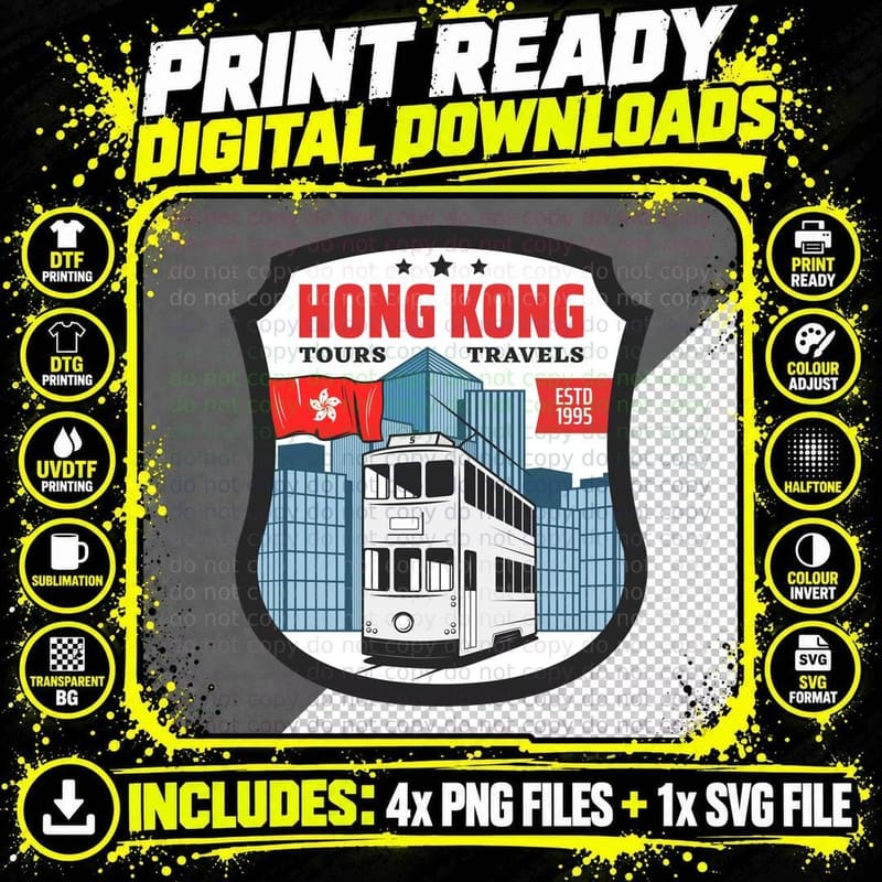 Hong Kong Tours Travels Estd 1995 Tram Flags Png SVG Digital Bundle
