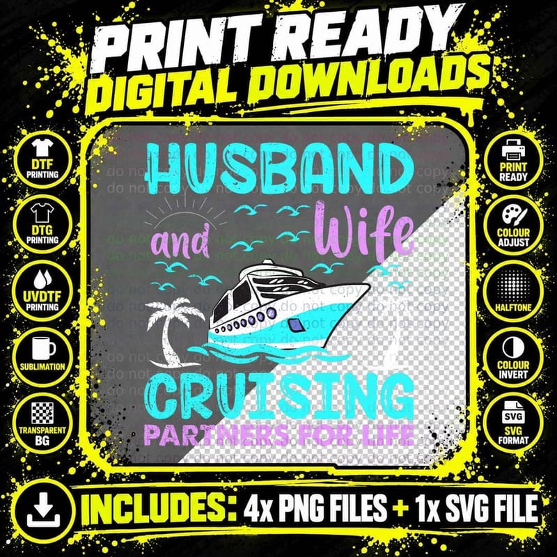 Husband Wife Cruising Partners for Life, Couples Travel Png SVG Digital Bundle