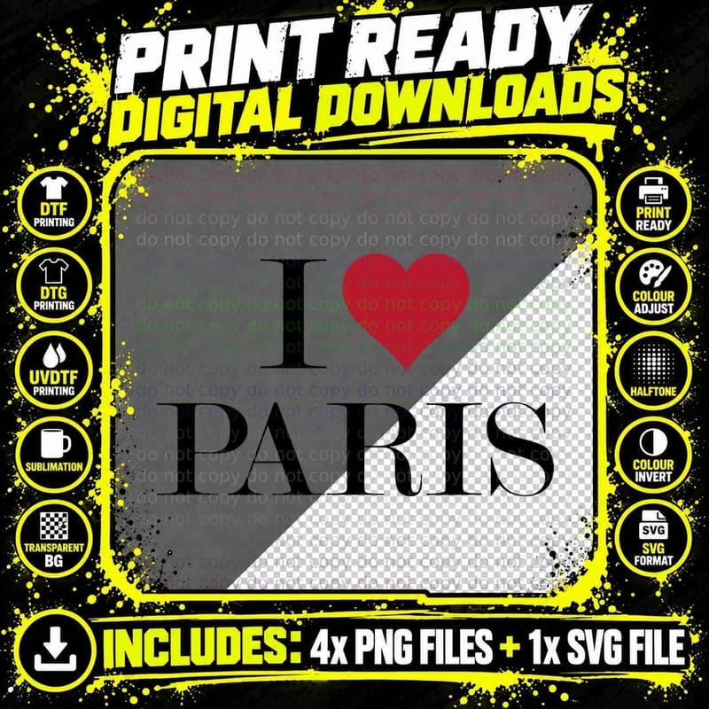 I Love Heart Paris France, Parisian Style Png SVG Digital Bundle
