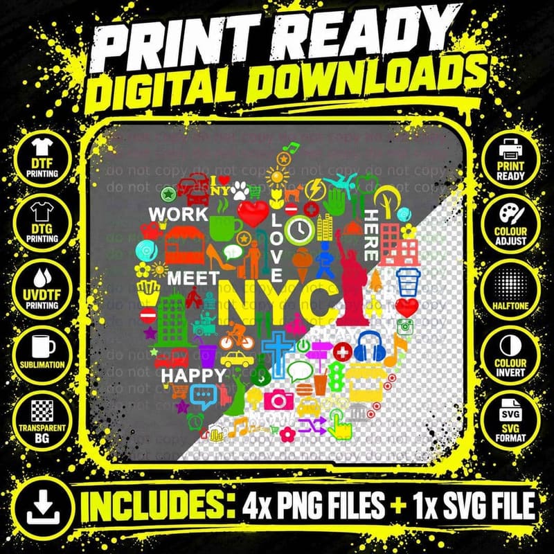 I Love NYC Big Apple Heart Icon Collage Tee Png SVG Digital Bundle
