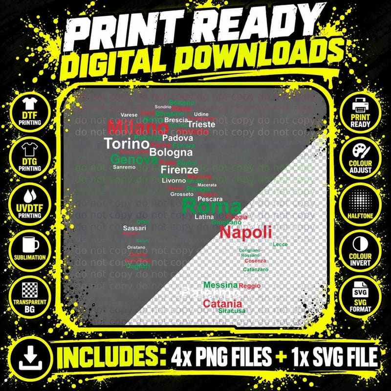 Italy Map Silhouette Flag Towns Cities Rome Travel Png SVG Digital Bundle