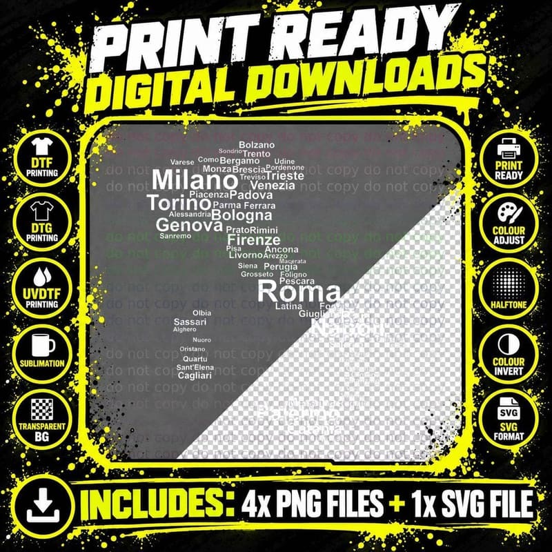 Italy Map Silhouette Towns Cities Rome Milan Travel Png SVG Digital Bundle