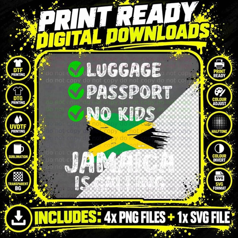 Jamaica Is Calling Checklist Luggage Passport No Kids Png SVG Digital Bundle