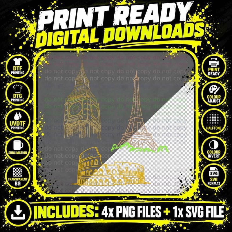 London Paris Rome Travel Gift T-Shirt Png SVG Digital Bundle