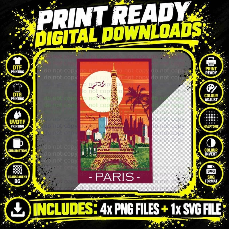 Paris Eiffel Tower Sunset Travel Architecture T-Shirt Png SVG Digital Bundle
