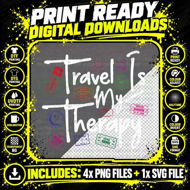 Travel Is My Therapy World Traveler Passport Stamps Png SVG Digital Bundle