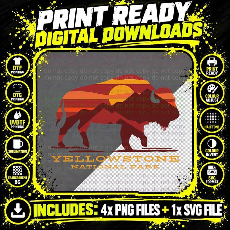Yellowstone National Park Wyoming Buffalo Bison Sunset Png SVG Digital Bundle