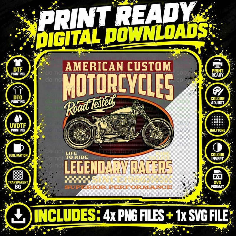 American Custom Motorcycles Road Tested Life to Ride Png SVG Digital Bundle