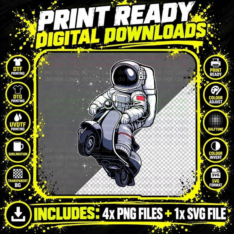 Astronaut Rider Motorcycle Space Retro T-Shirt Png SVG Digital Bundle