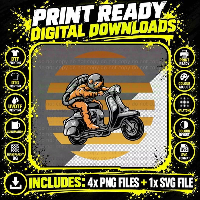 Astronaut Scooter Motorcycle Retro T-Shirt Png SVG Digital Bundle