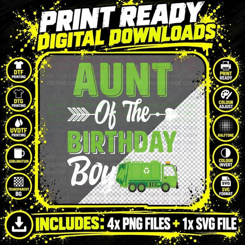 Aunt of the Birthday Boy Garbage Truck Matching Family Png SVG Digital Bundle