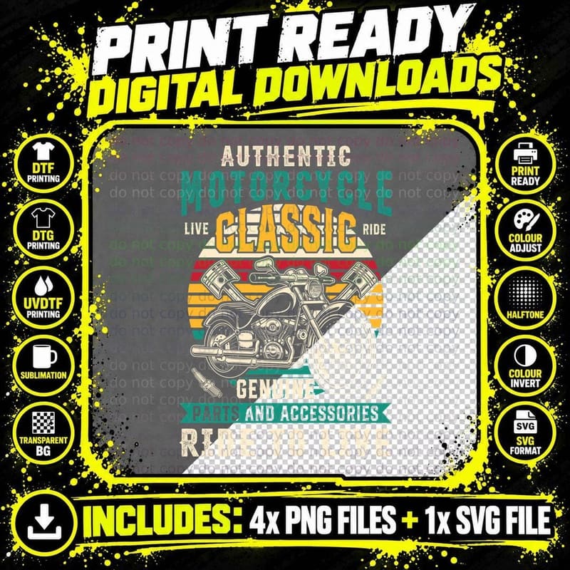 Authentic Motorcycle Live Classic Ride Genuine Parts and Png SVG Digital Bundle